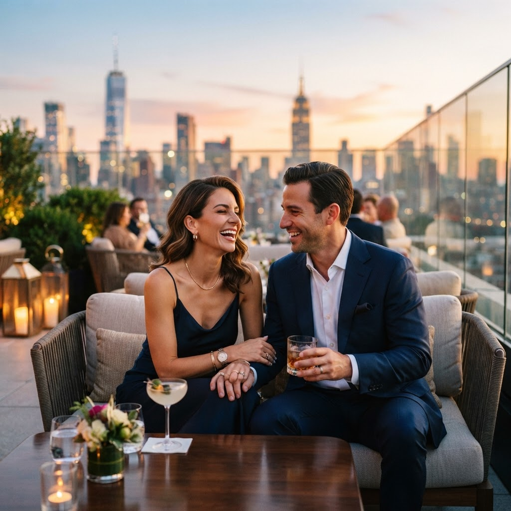 Two members connecting warmly at an upscale rooftop gathering
